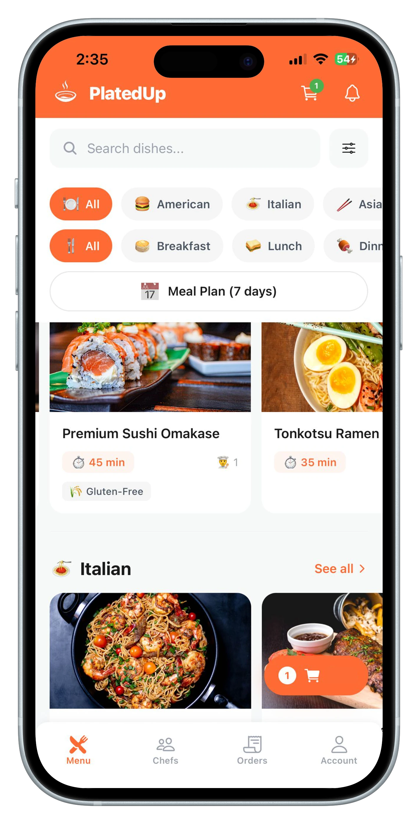 PlatedUp app — search and meal plan